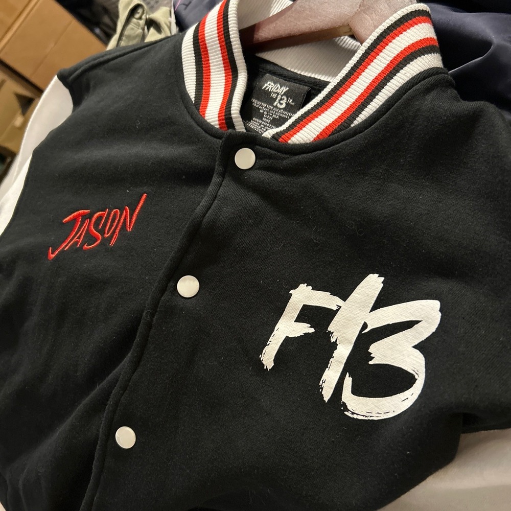 Friday The 13th Men Varsity Jacket Large Black Red Jason F13 Graphic Snap Button
